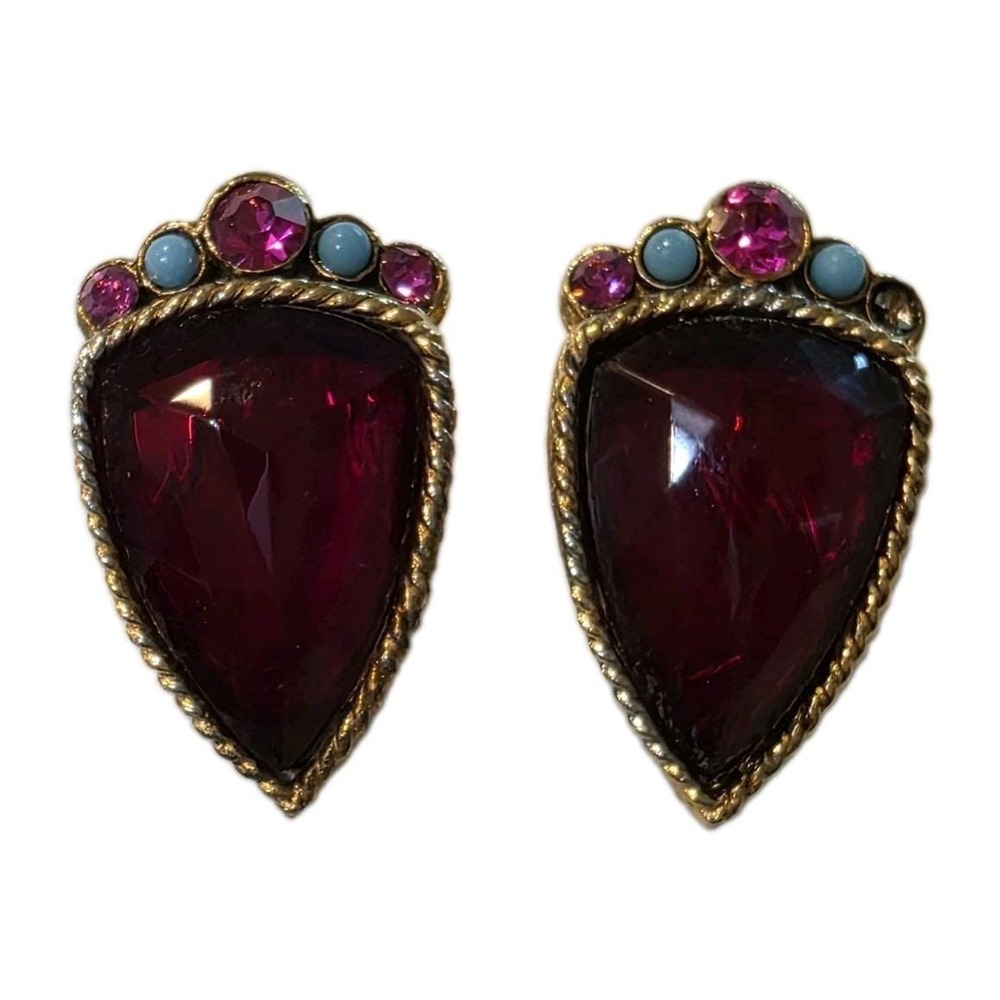 80s Designer Red Glass Shield Clip On Earrings Fuchsia Turquoise Goldtone AS IS